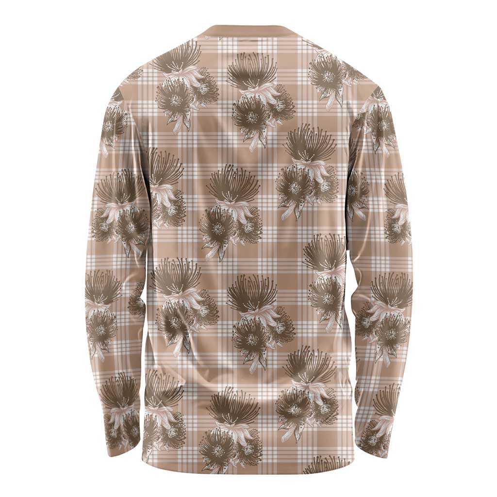 Brown Palaka Hawaii Long Sleeve Shirt Hawaiian Lehua Blossoms LT05 - Polynesian Pride