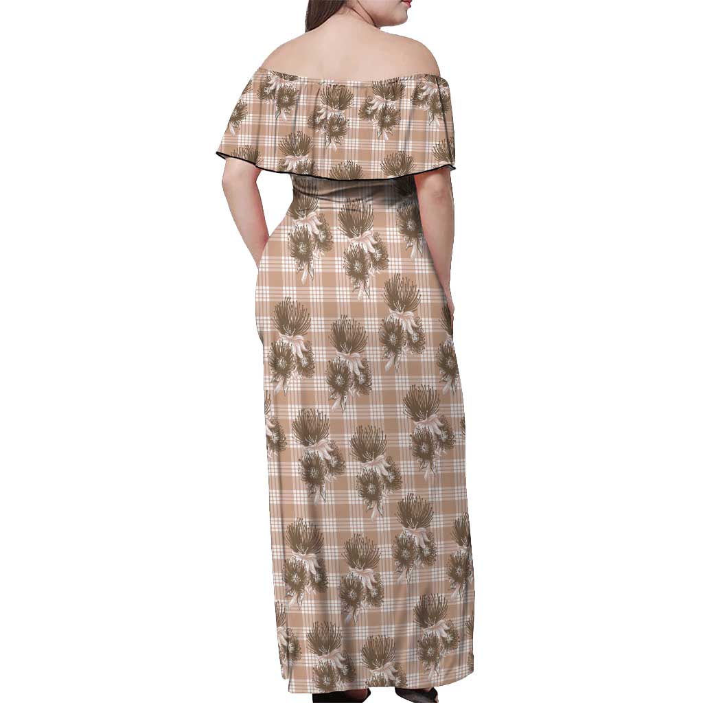 Brown Palaka Hawaii Off Shoulder Maxi Dress Hawaiian Lehua Blossoms LT05 - Polynesian Pride