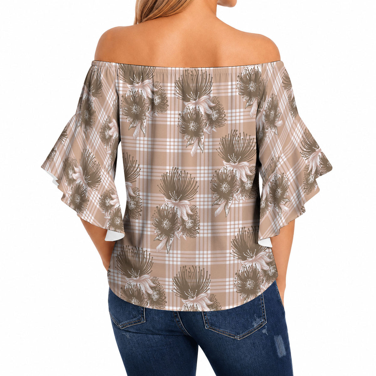 Brown Palaka Hawaii Off Shoulder Wrap Waist Top Hawaiian Lehua Blossoms LT05 - Polynesian Pride