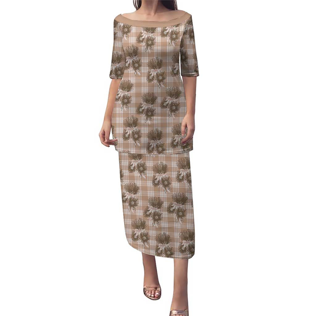 Brown Palaka Hawaii Puletasi Hawaiian Lehua Blossoms LT05 Long Dress Brown - Polynesian Pride