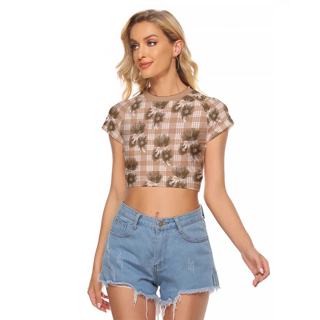 Brown Palaka Hawaii Raglan Cropped T Shirt Hawaiian Lehua Blossoms LT05 Female Brown - Polynesian Pride