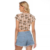 Brown Palaka Hawaii Raglan Cropped T Shirt Hawaiian Lehua Blossoms LT05 - Polynesian Pride