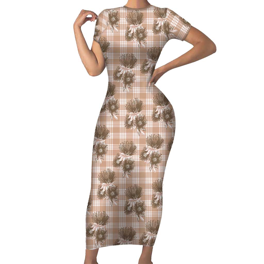 Brown Palaka Hawaii Short Sleeve Bodycon Dress Hawaiian Lehua Blossoms LT05 Long Dress Brown - Polynesian Pride