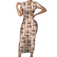 Brown Palaka Hawaii Short Sleeve Bodycon Dress Hawaiian Lehua Blossoms LT05 Long Dress Brown - Polynesian Pride