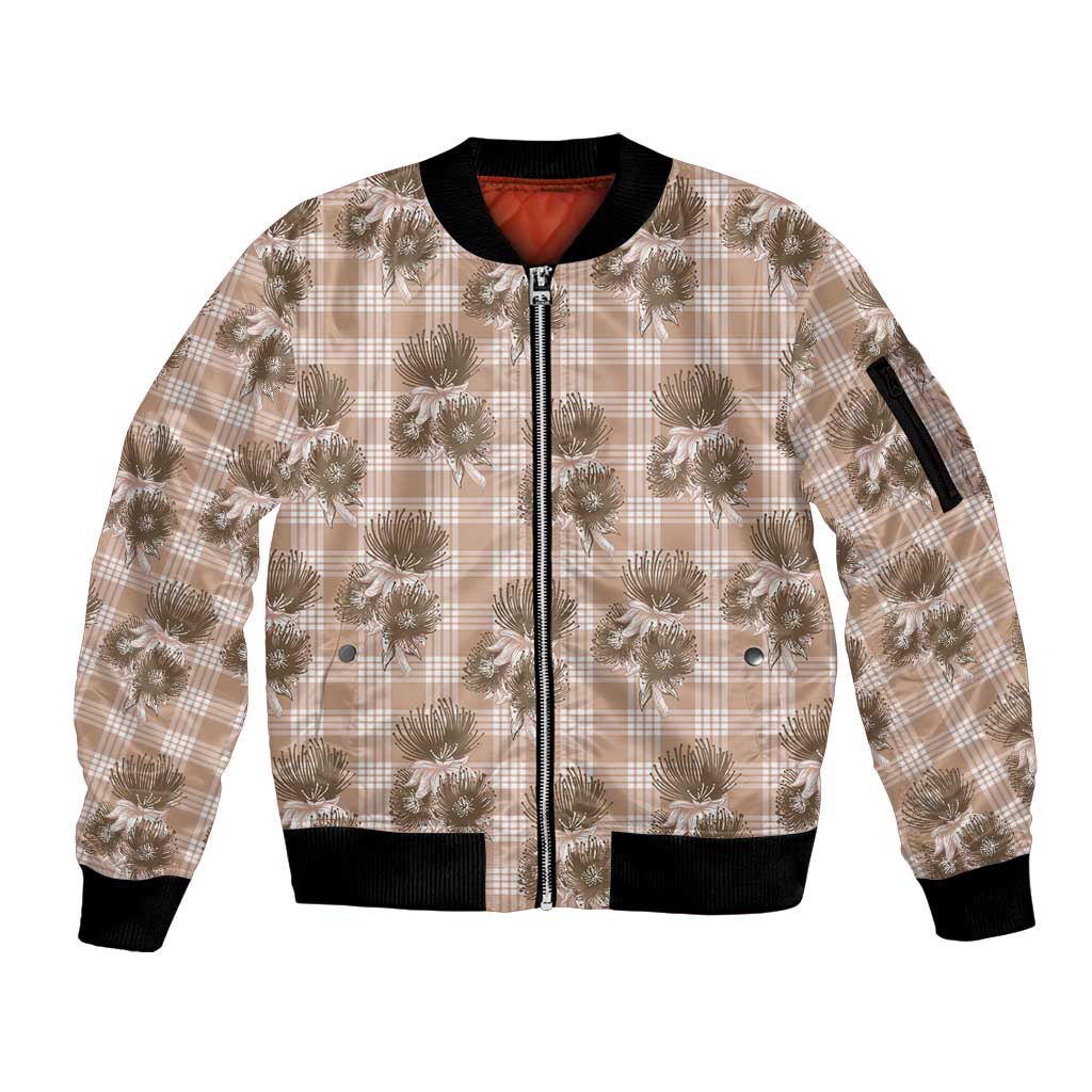 Brown Palaka Hawaii Sleeve Zip Bomber Jacket Hawaiian Lehua Blossoms LT05 Unisex Brown - Polynesian Pride