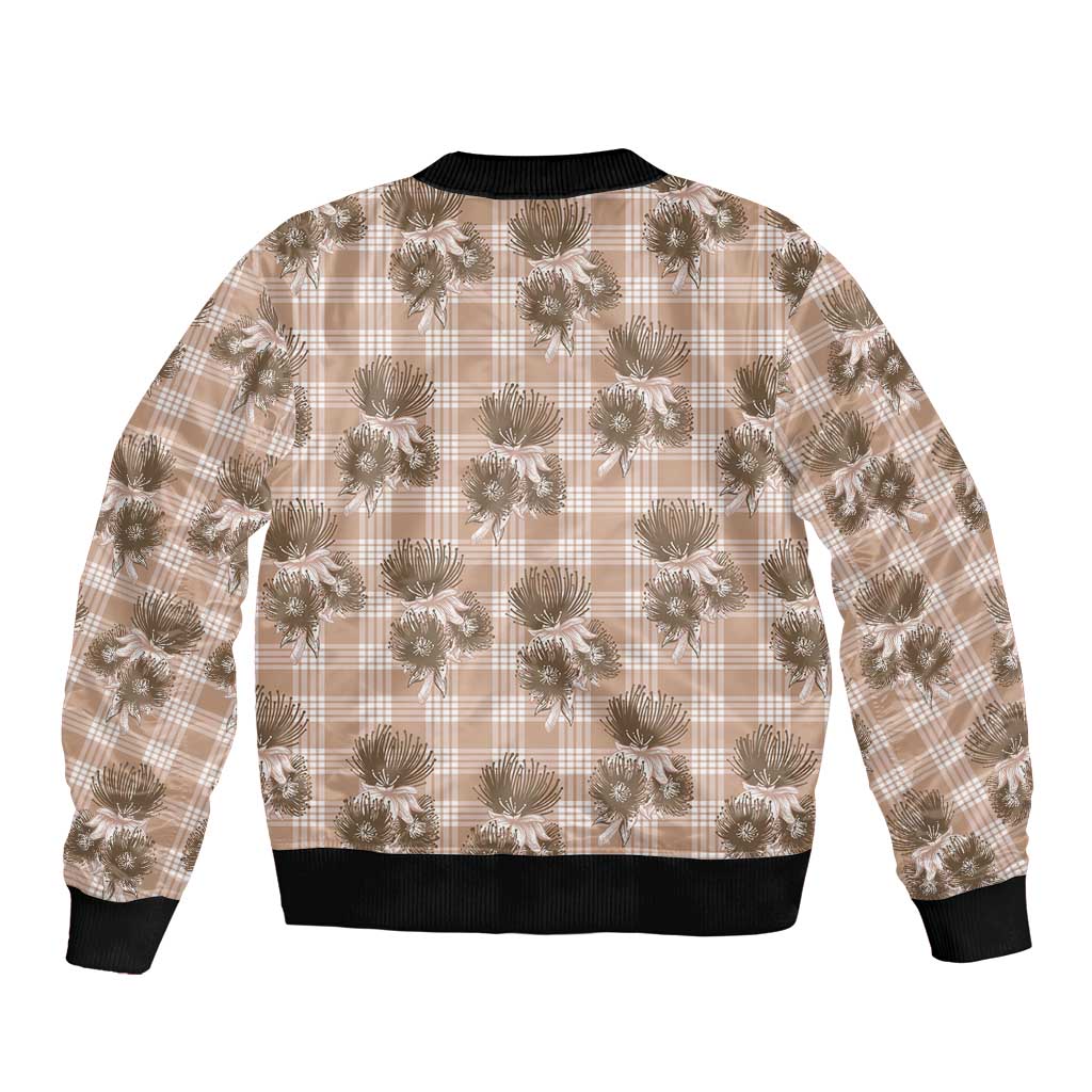 Brown Palaka Hawaii Sleeve Zip Bomber Jacket Hawaiian Lehua Blossoms LT05 - Polynesian Pride