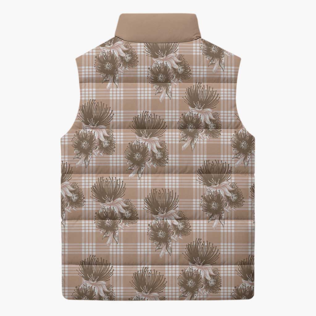 Brown Palaka Hawaii Sleeveless Puffer Jacket Hawaiian Lehua Blossoms LT05 - Polynesian Pride
