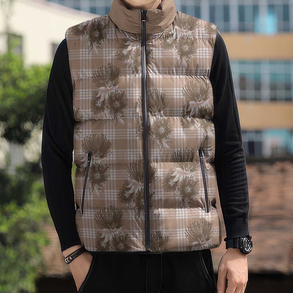 Brown Palaka Hawaii Sleeveless Puffer Jacket Hawaiian Lehua Blossoms LT05 - Polynesian Pride