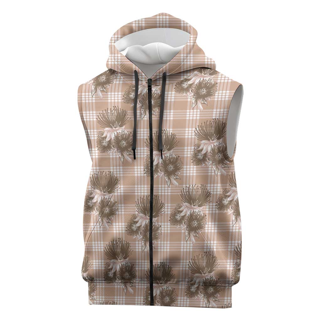 Brown Palaka Hawaii Sleeveless Zip Hoodie Hawaiian Lehua Blossoms LT05 Brown - Polynesian Pride