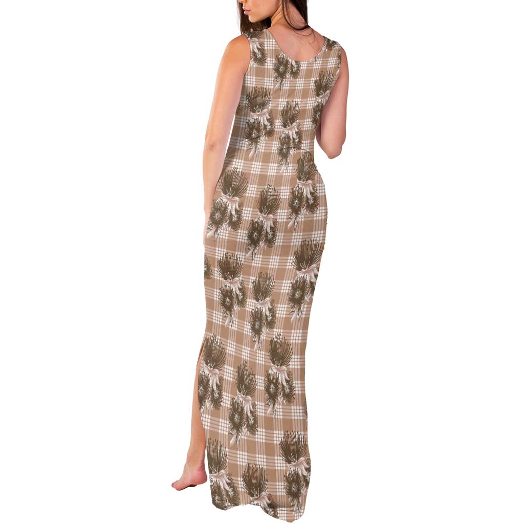 Brown Palaka Hawaii Tank Maxi Dress Hawaiian Lehua Blossoms