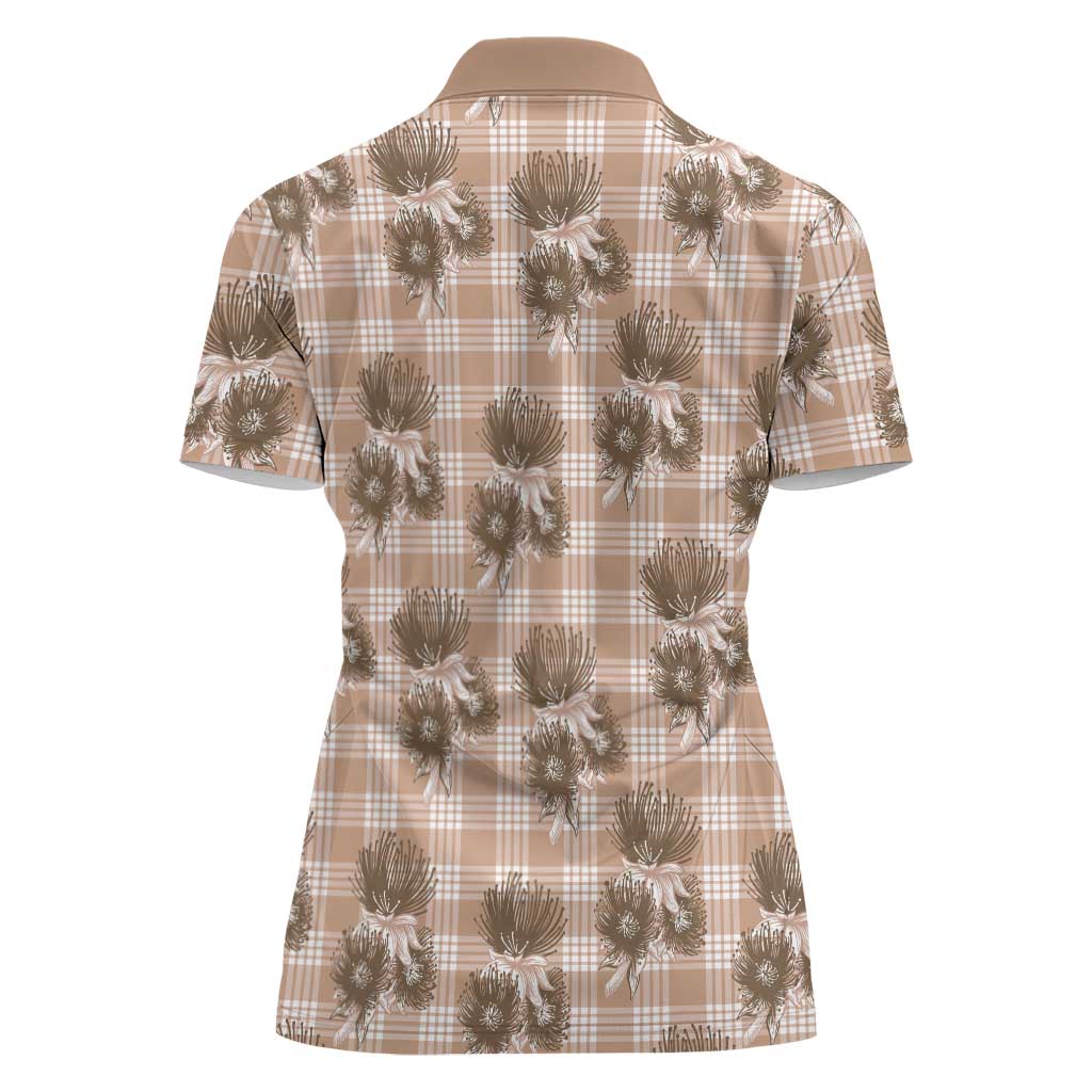 Brown Palaka Hawaii Women Polo Shirt Hawaiian Lehua Blossoms LT05 - Polynesian Pride