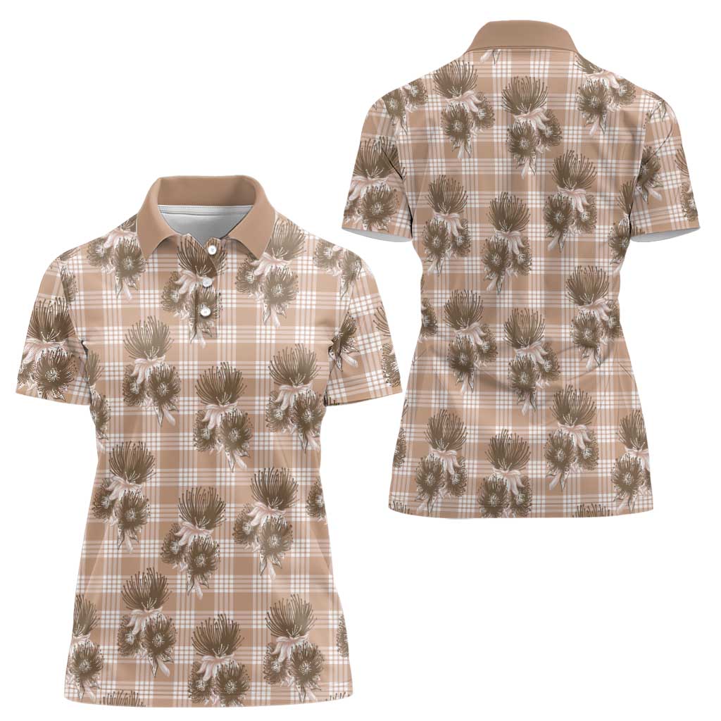 Brown Palaka Hawaii Women Polo Shirt Hawaiian Lehua Blossoms LT05 - Polynesian Pride