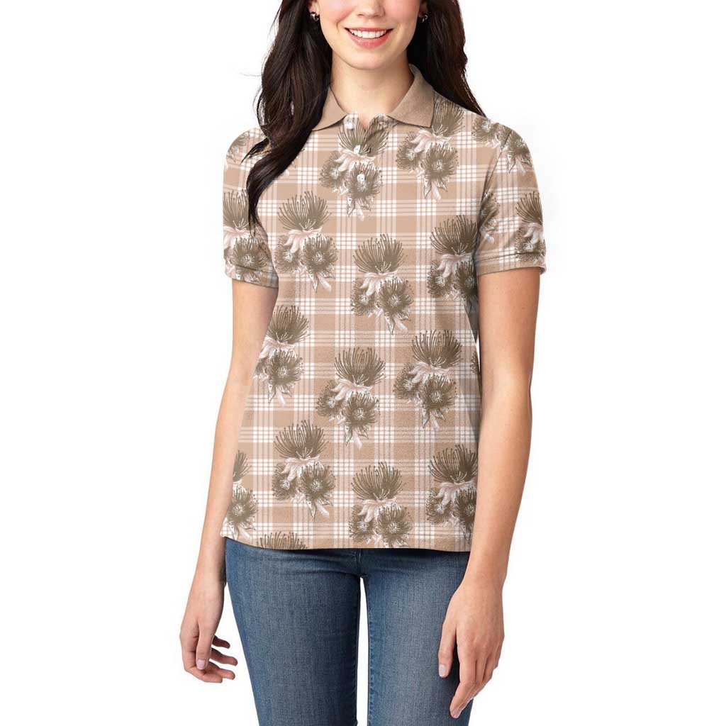 Brown Palaka Hawaii Women Polo Shirt Hawaiian Lehua Blossoms LT05 - Polynesian Pride