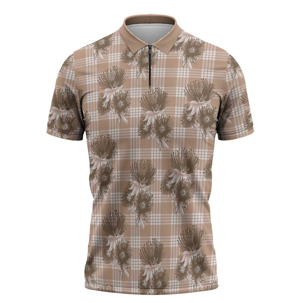 Brown Palaka Hawaii Zipper Polo Shirt Hawaiian Lehua Blossoms LT05 Brown - Polynesian Pride