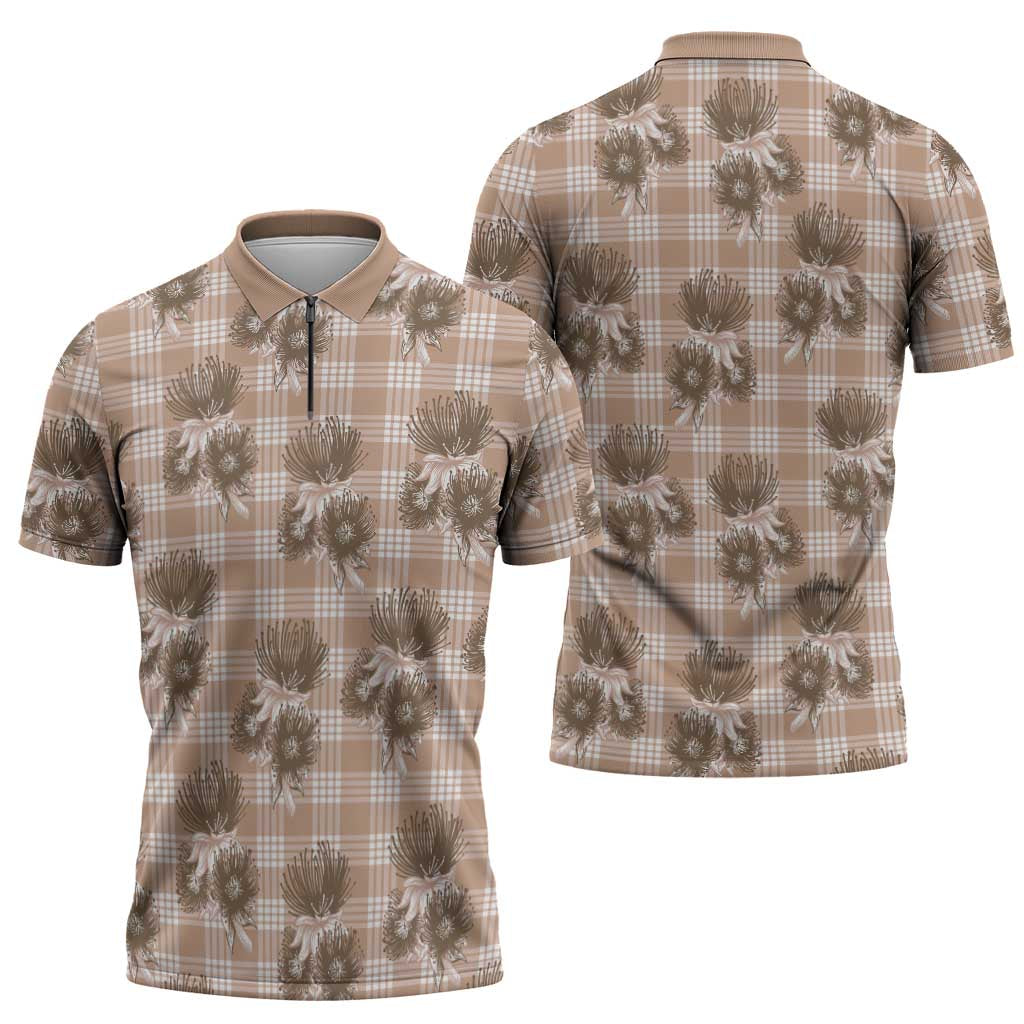 Brown Palaka Hawaii Zipper Polo Shirt Hawaiian Lehua Blossoms LT05 - Polynesian Pride