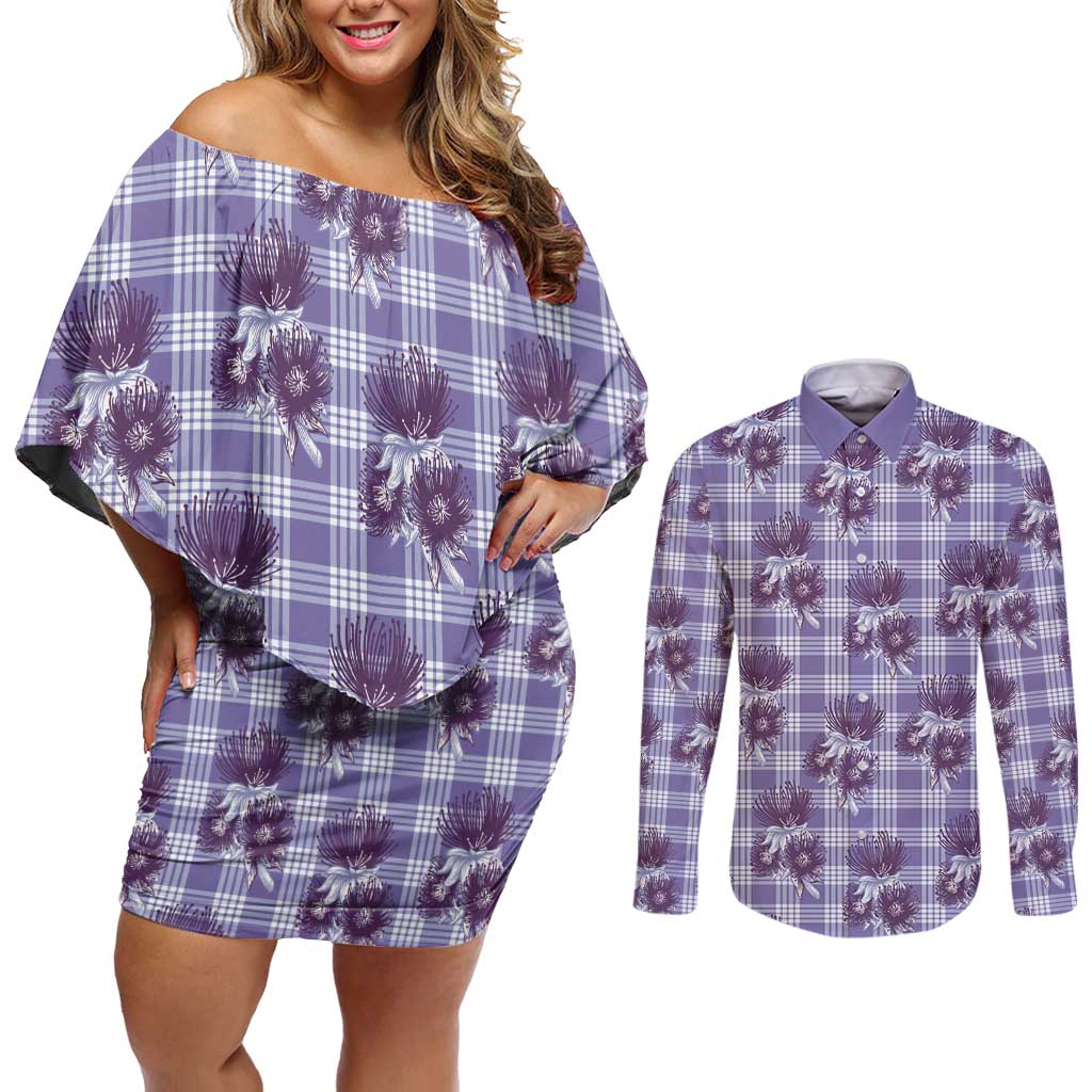 Purple Palaka Hawaii Couples Matching Off Shoulder Short Dress and Long Sleeve Button Shirt Hawaiian Lehua Blossoms