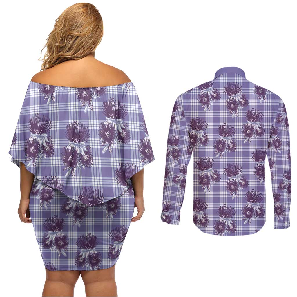 Purple Palaka Hawaii Couples Matching Off Shoulder Short Dress and Long Sleeve Button Shirt Hawaiian Lehua Blossoms