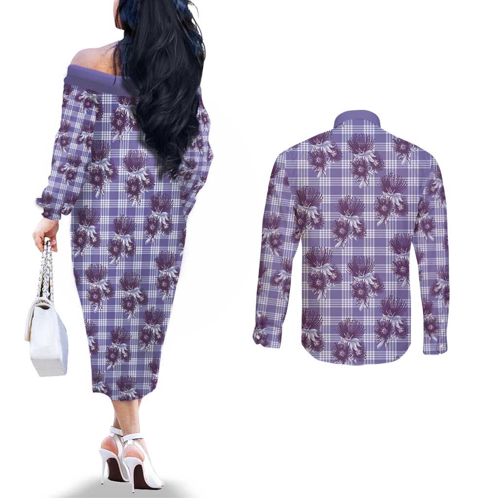 Purple Palaka Hawaii Couples Matching Off The Shoulder Long Sleeve Dress and Long Sleeve Button Shirt Hawaiian Lehua Blossoms