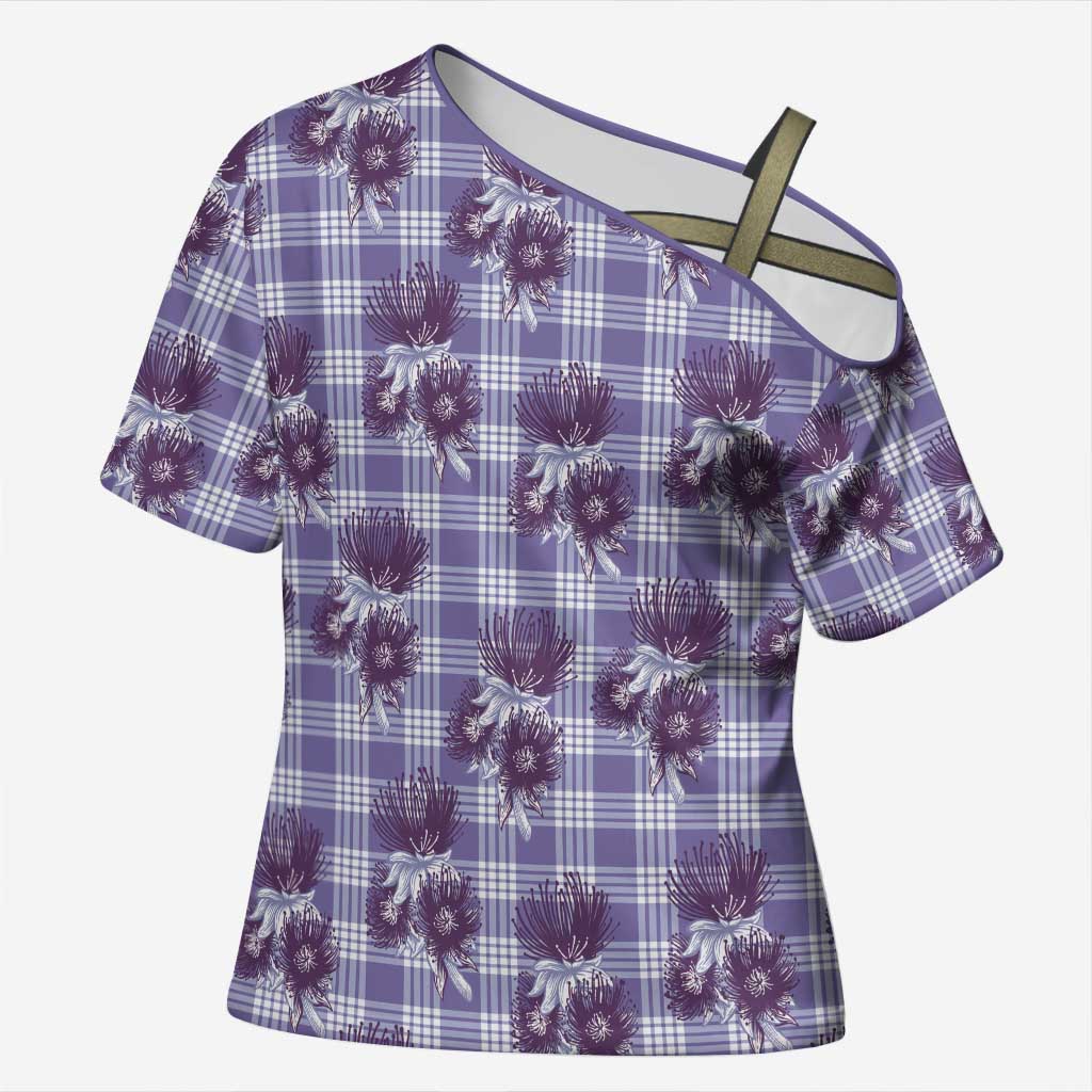 Purple Palaka Hawaii Cross Shoulder Shirt Hawaiian Lehua Blossoms LT05 Female Purple - Polynesian Pride