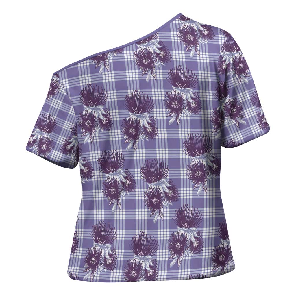 Purple Palaka Hawaii Cross Shoulder Shirt Hawaiian Lehua Blossoms LT05 - Polynesian Pride