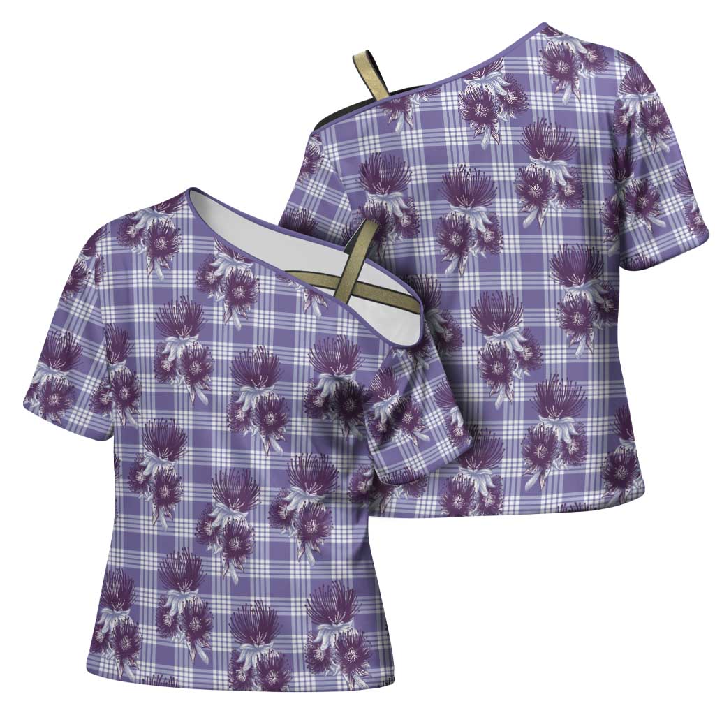 Purple Palaka Hawaii Cross Shoulder Shirt Hawaiian Lehua Blossoms LT05 - Polynesian Pride