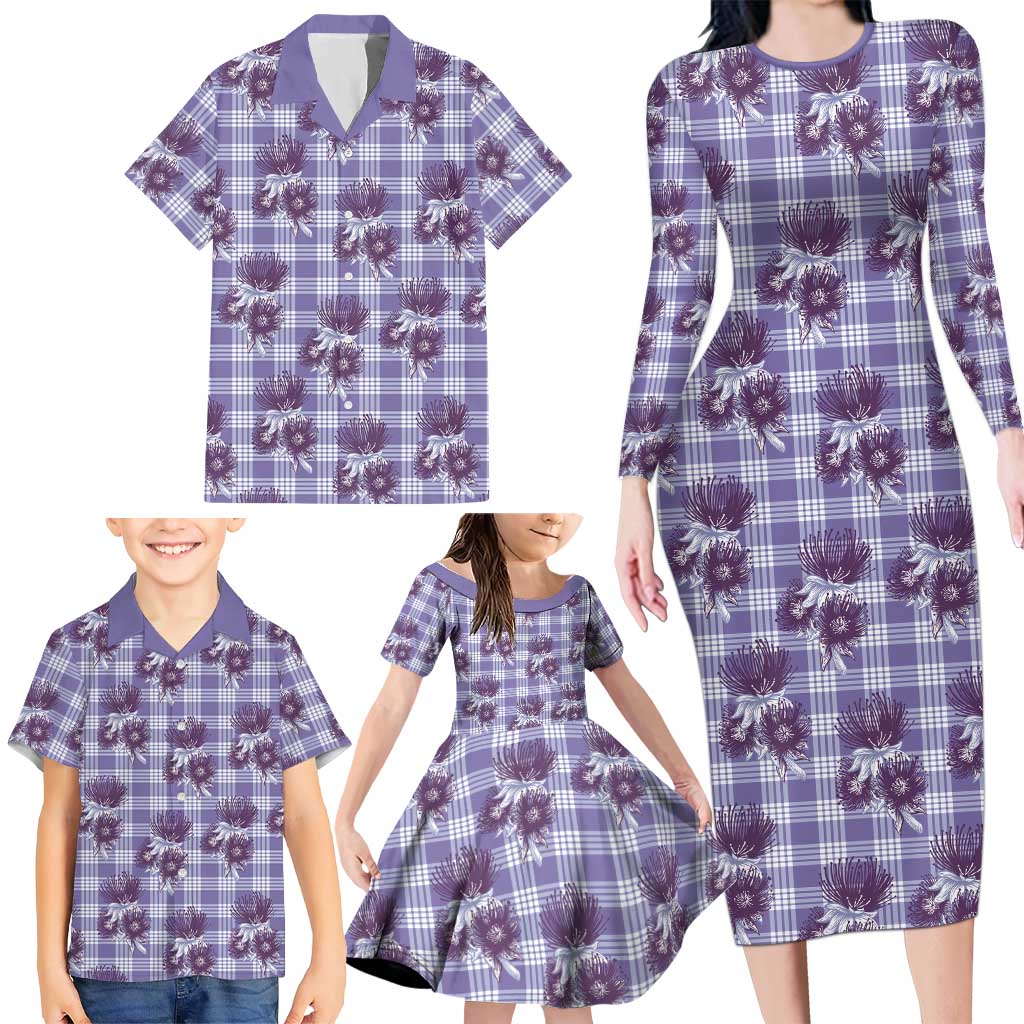 Purple Palaka Hawaii Family Matching Long Sleeve Bodycon Dress and Hawaiian Shirt Hawaiian Lehua Blossoms