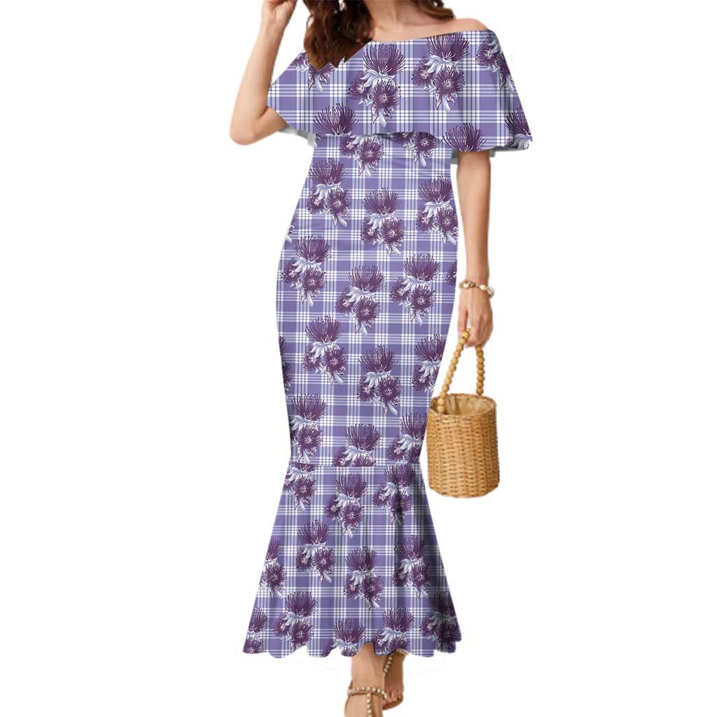 Purple Palaka Hawaii Family Matching Mermaid Dress and Hawaiian Shirt Hawaiian Lehua Blossoms