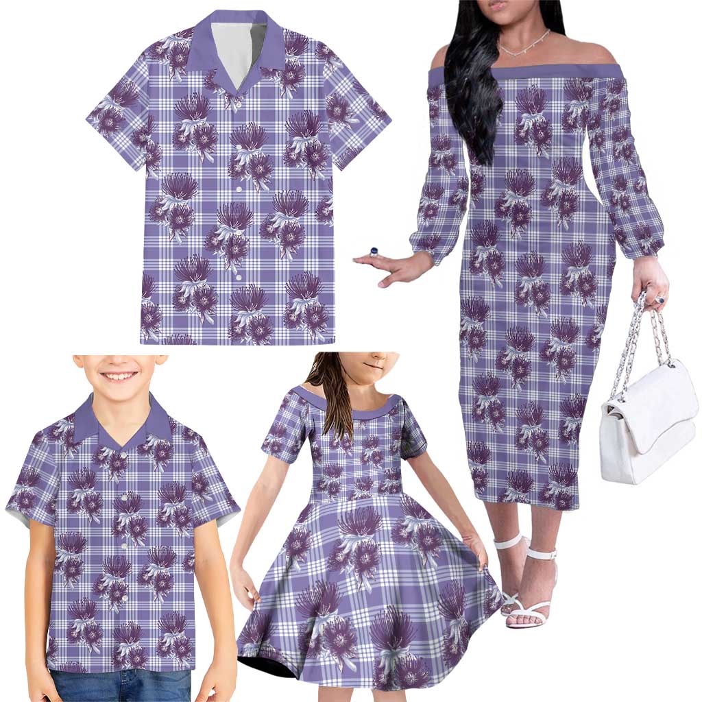 Purple Palaka Hawaii Family Matching Off The Shoulder Long Sleeve Dress and Hawaiian Shirt Hawaiian Lehua Blossoms LT05 - Polynesian Pride