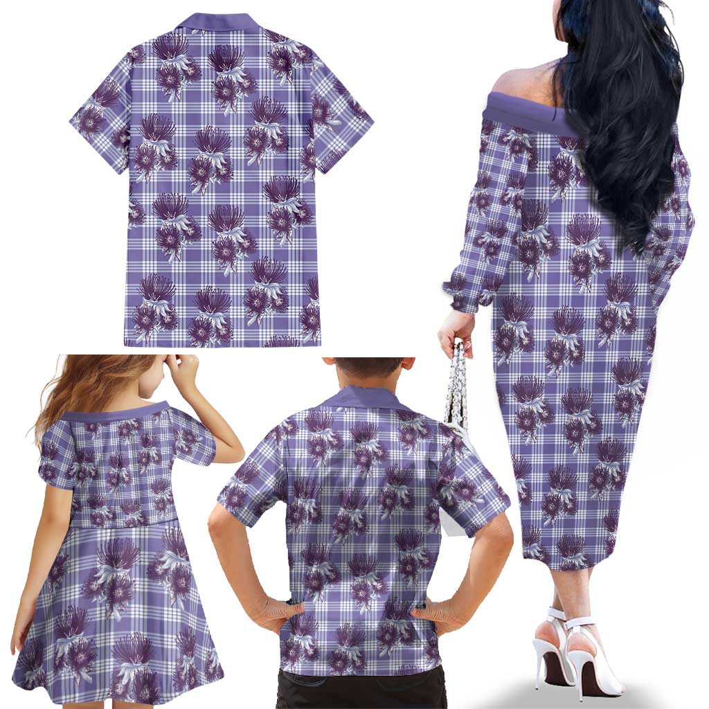 Purple Palaka Hawaii Family Matching Off The Shoulder Long Sleeve Dress and Hawaiian Shirt Hawaiian Lehua Blossoms