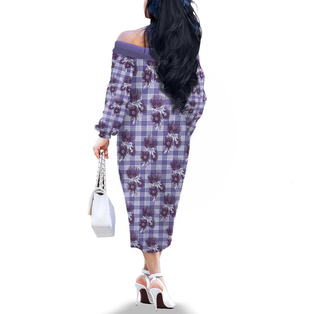 Purple Palaka Hawaii Family Matching Off The Shoulder Long Sleeve Dress and Hawaiian Shirt Hawaiian Lehua Blossoms