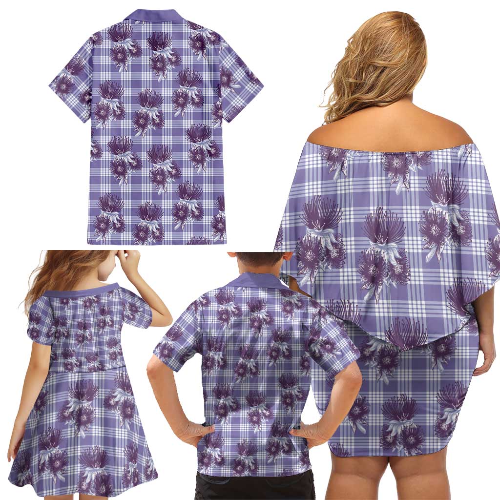 Purple Palaka Hawaii Family Matching Off Shoulder Short Dress and Hawaiian Shirt Hawaiian Lehua Blossoms