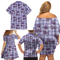 Purple Palaka Hawaii Family Matching Off Shoulder Short Dress and Hawaiian Shirt Hawaiian Lehua Blossoms