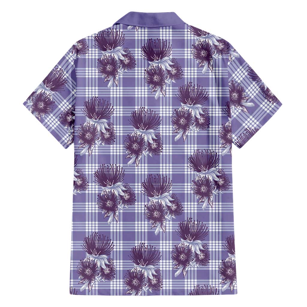 Purple Palaka Hawaii Family Matching Off Shoulder Short Dress and Hawaiian Shirt Hawaiian Lehua Blossoms