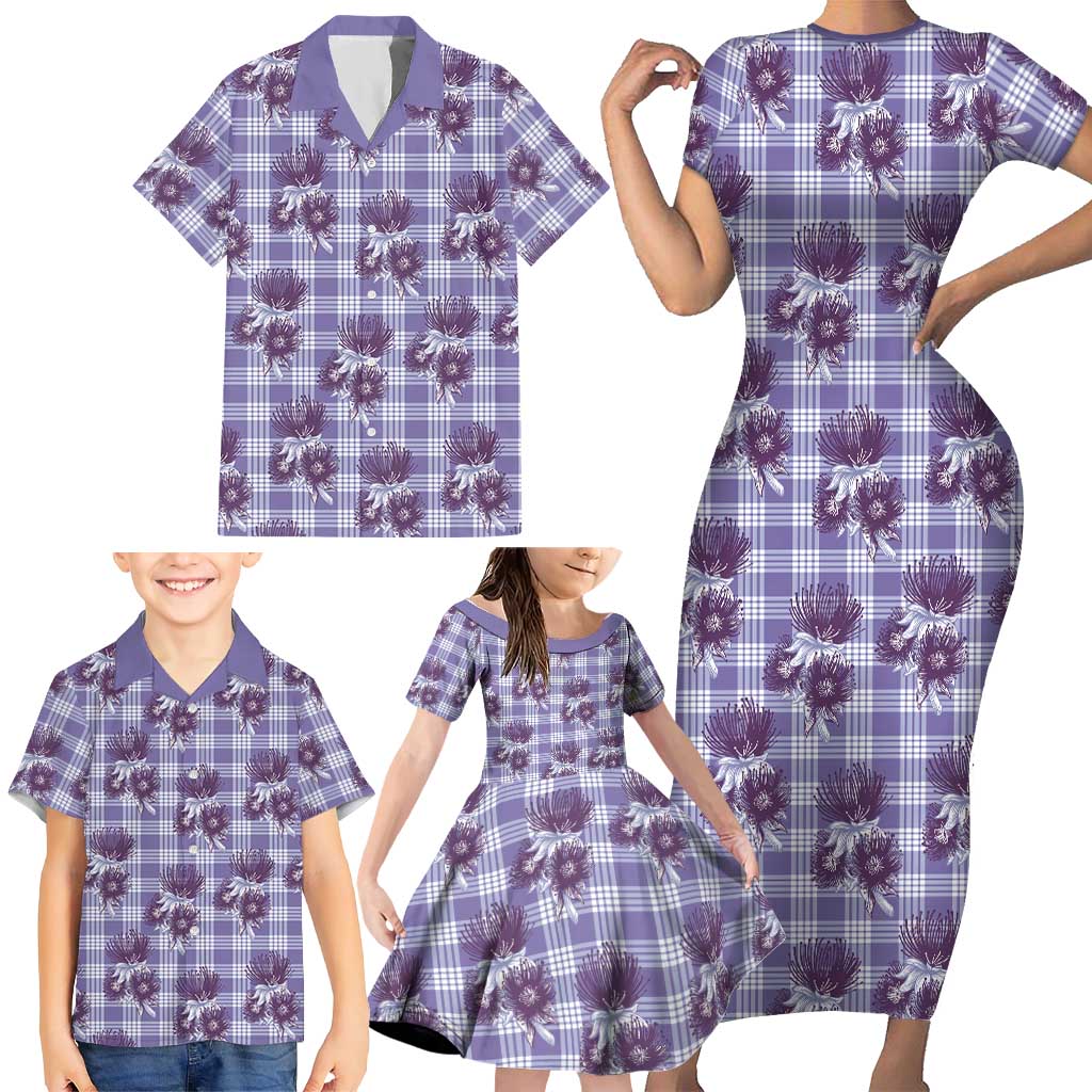 Purple Palaka Hawaii Family Matching Short Sleeve Bodycon Dress and Hawaiian Shirt Hawaiian Lehua Blossoms