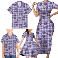 Purple Palaka Hawaii Family Matching Short Sleeve Bodycon Dress and Hawaiian Shirt Hawaiian Lehua Blossoms