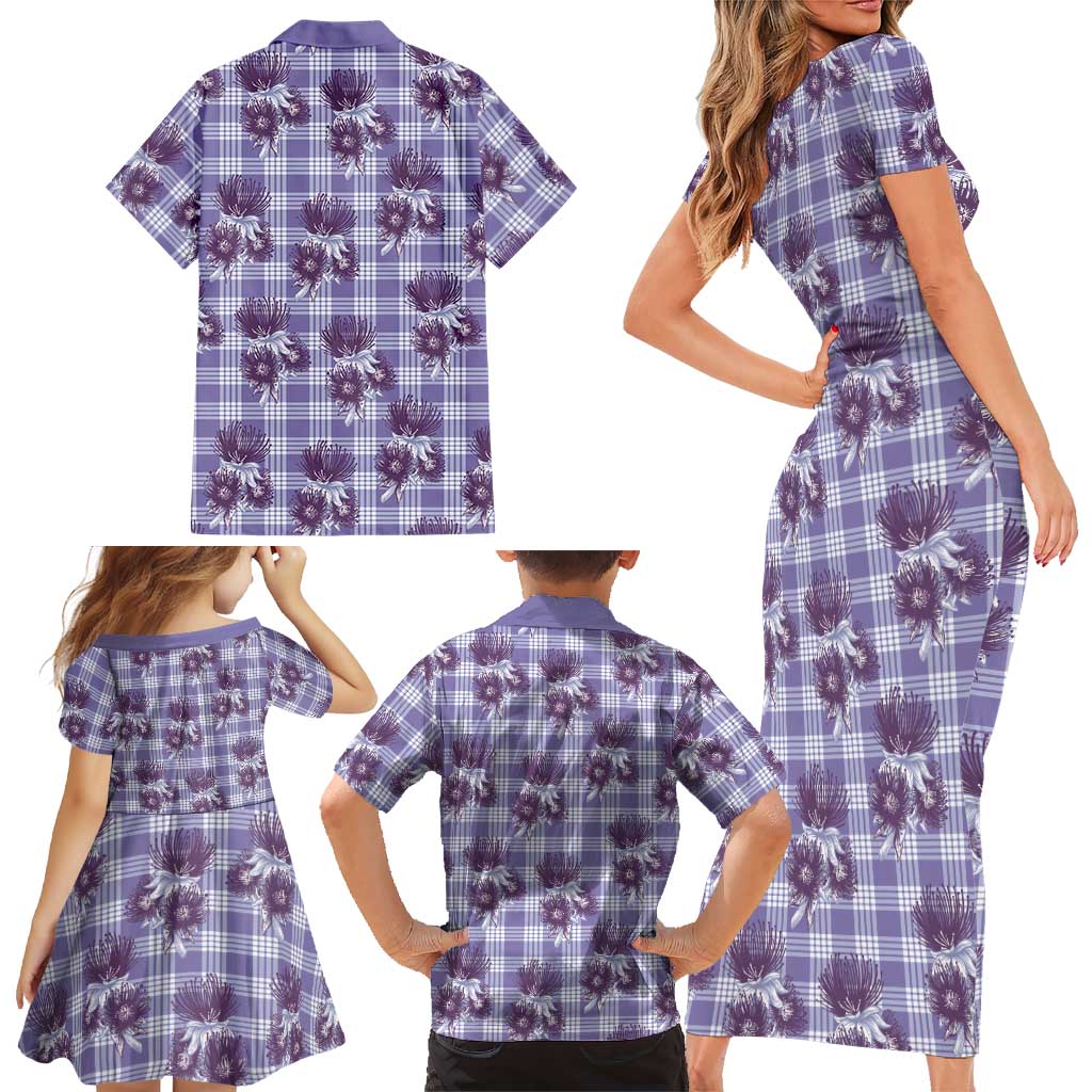 Purple Palaka Hawaii Family Matching Short Sleeve Bodycon Dress and Hawaiian Shirt Hawaiian Lehua Blossoms