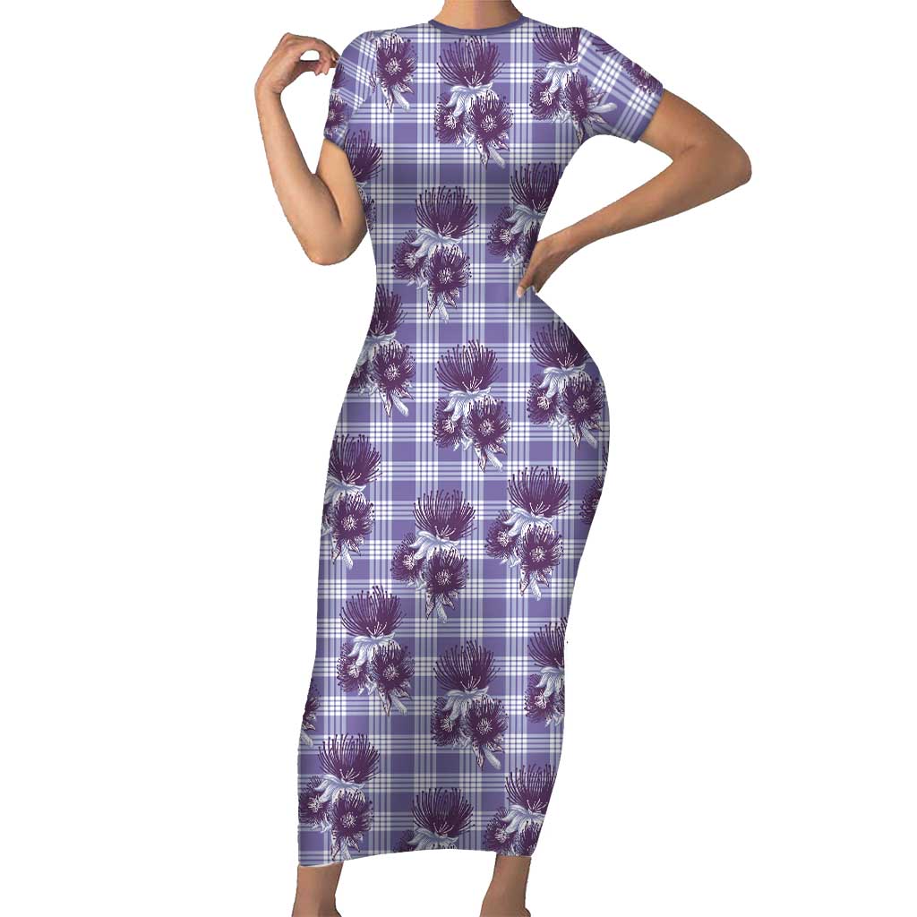 Purple Palaka Hawaii Family Matching Short Sleeve Bodycon Dress and Hawaiian Shirt Hawaiian Lehua Blossoms