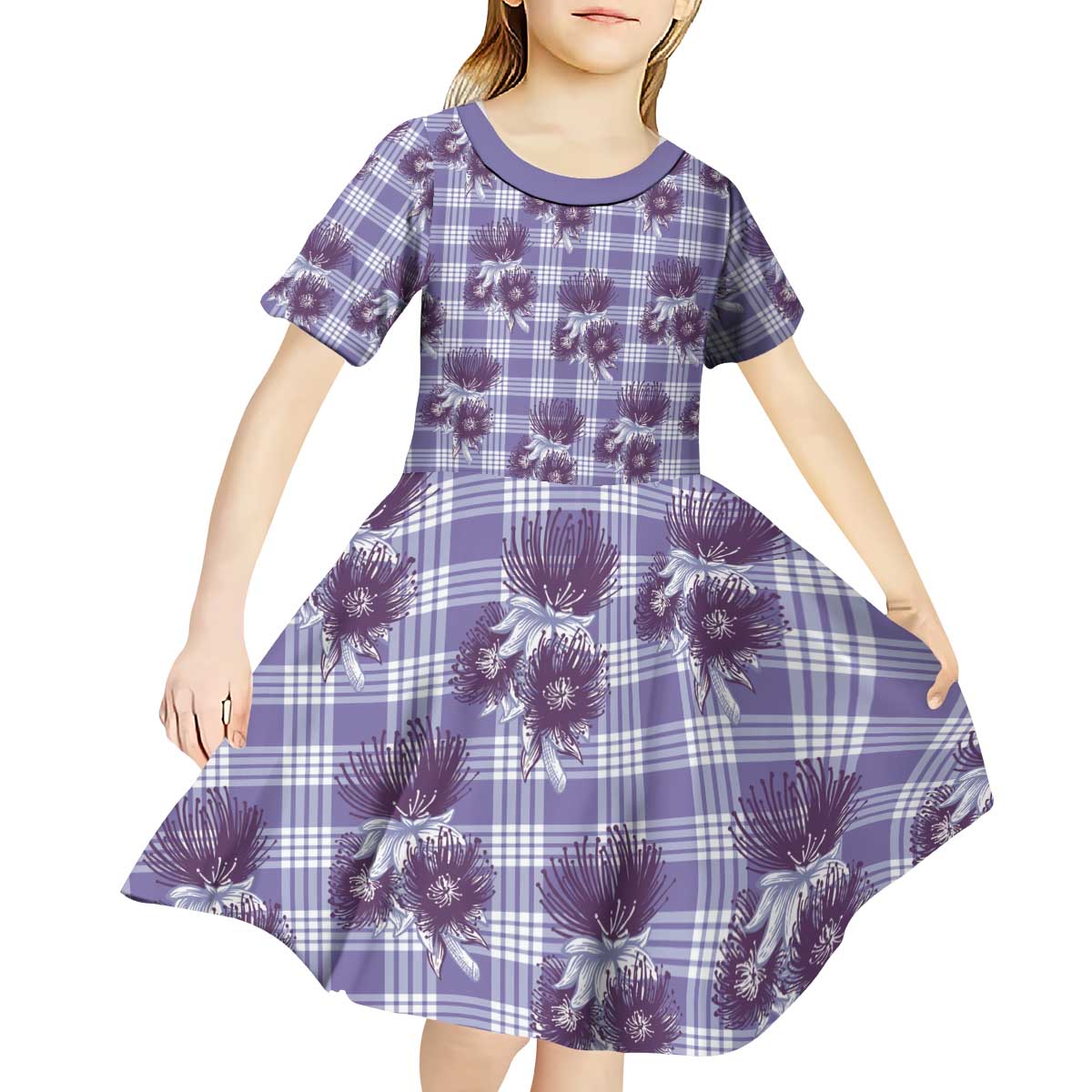 Purple Palaka Hawaii Kid Short Sleeve Dress Hawaiian Lehua Blossoms LT05 - Polynesian Pride