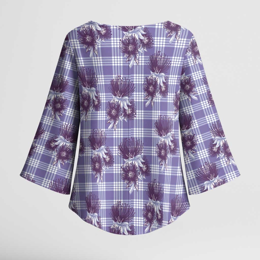 Purple Palaka Hawaii Kimono Sleeve Blouse Hawaiian Lehua Blossoms LT05 - Polynesian Pride