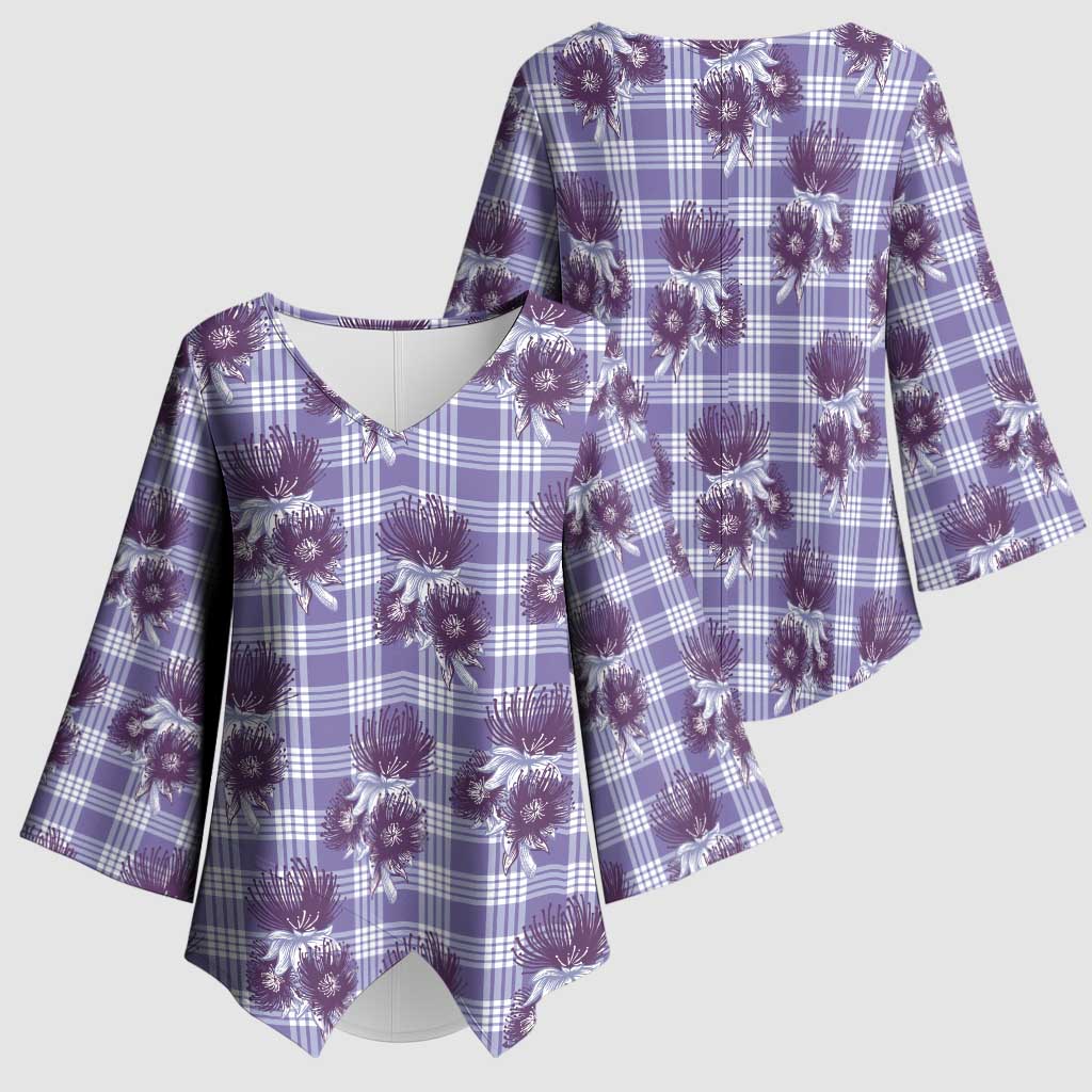 Purple Palaka Hawaii Kimono Sleeve Blouse Hawaiian Lehua Blossoms LT05 - Polynesian Pride