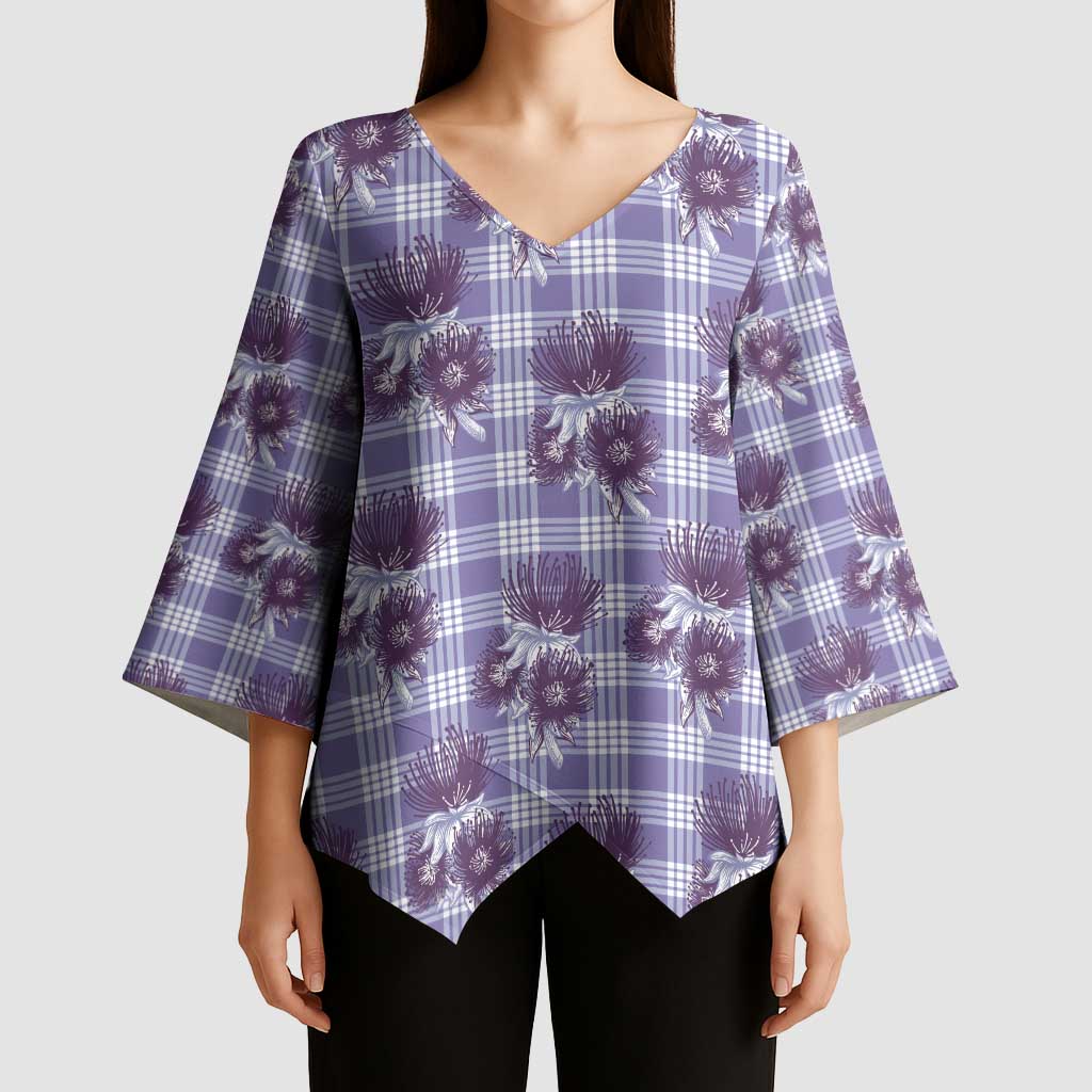 Purple Palaka Hawaii Kimono Sleeve Blouse Hawaiian Lehua Blossoms LT05 - Polynesian Pride