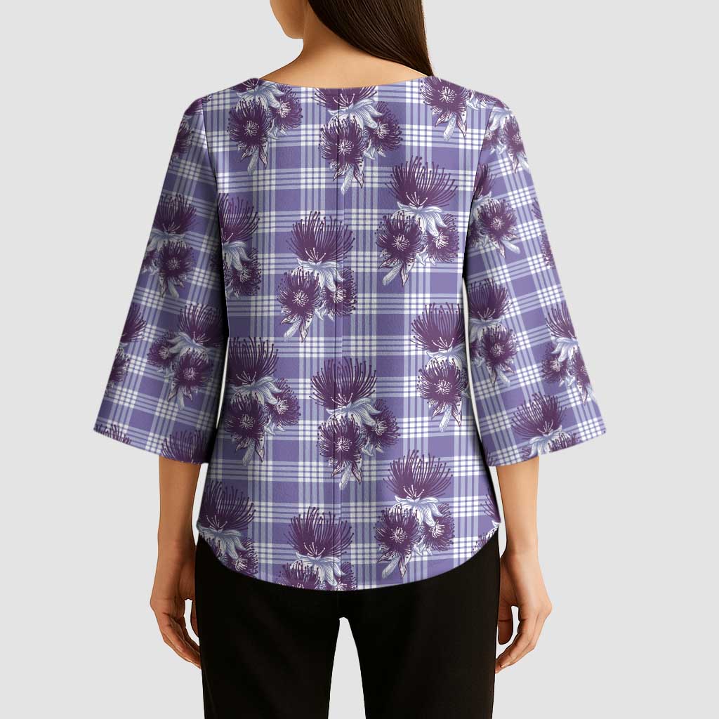 Purple Palaka Hawaii Kimono Sleeve Blouse Hawaiian Lehua Blossoms LT05 - Polynesian Pride