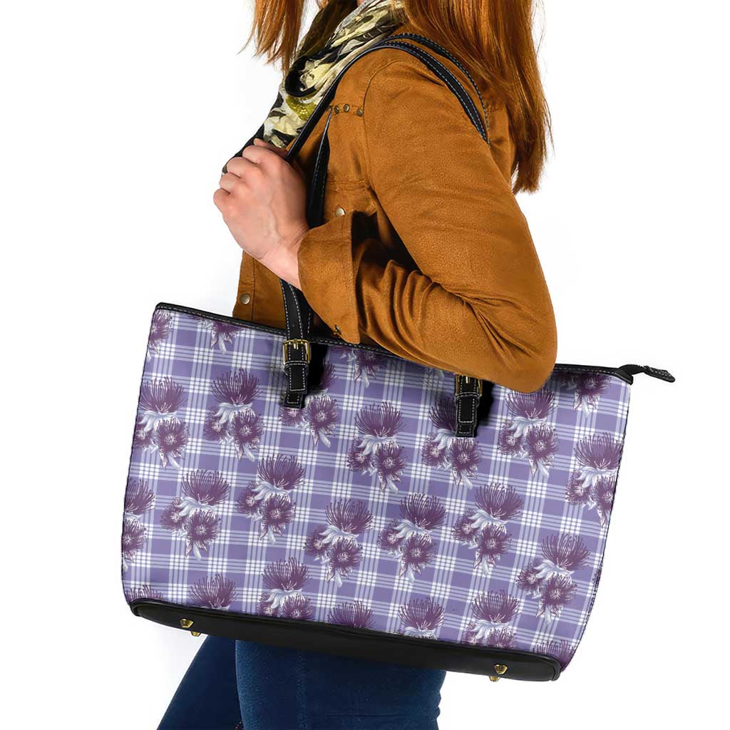 Purple Palaka Hawaii Leather Tote Bag Hawaiian Lehua Blossoms LT05 Purple - Polynesian Pride