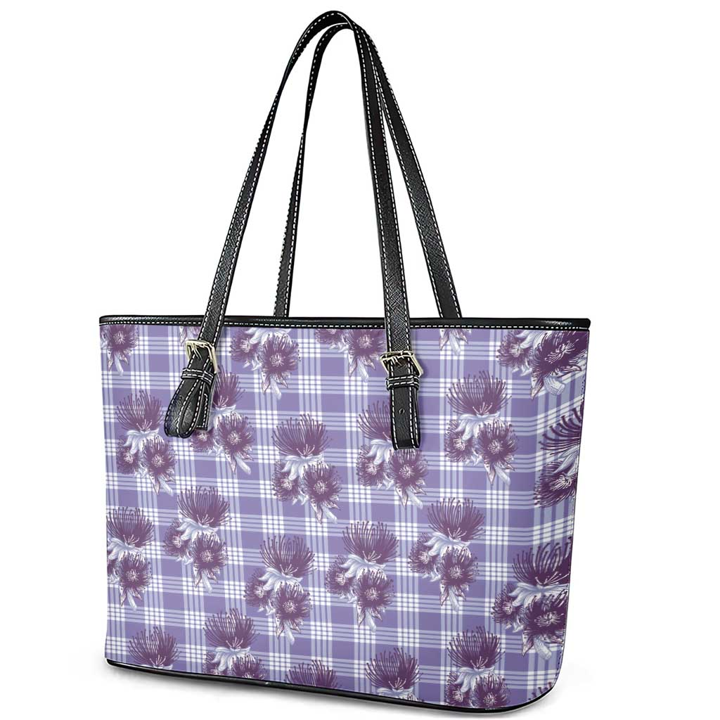 Purple Palaka Hawaii Leather Tote Bag Hawaiian Lehua Blossoms LT05 - Polynesian Pride