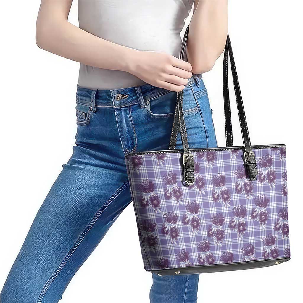 Purple Palaka Hawaii Leather Tote Bag Hawaiian Lehua Blossoms LT05 - Polynesian Pride