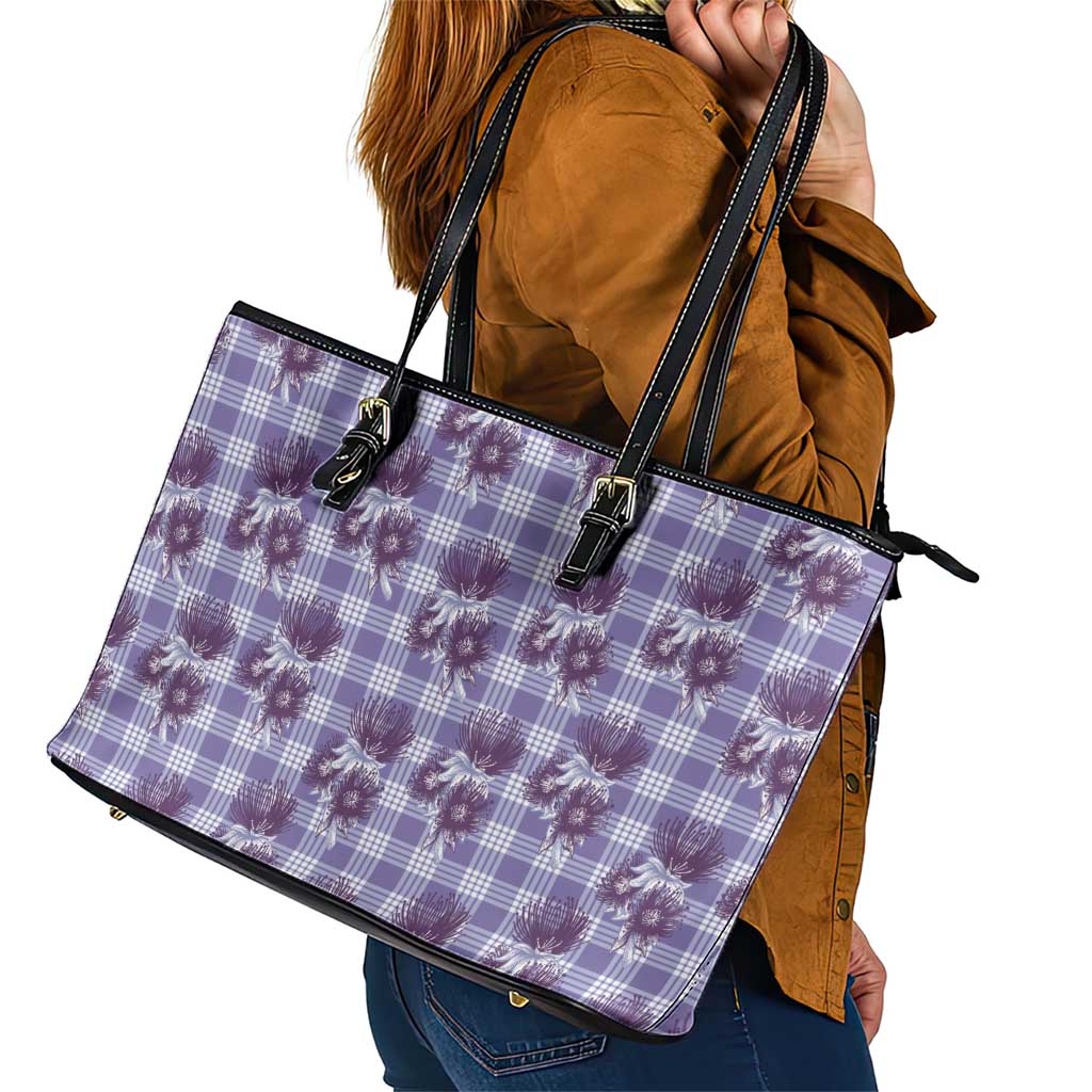 Purple Palaka Hawaii Leather Tote Bag Hawaiian Lehua Blossoms LT05 - Polynesian Pride