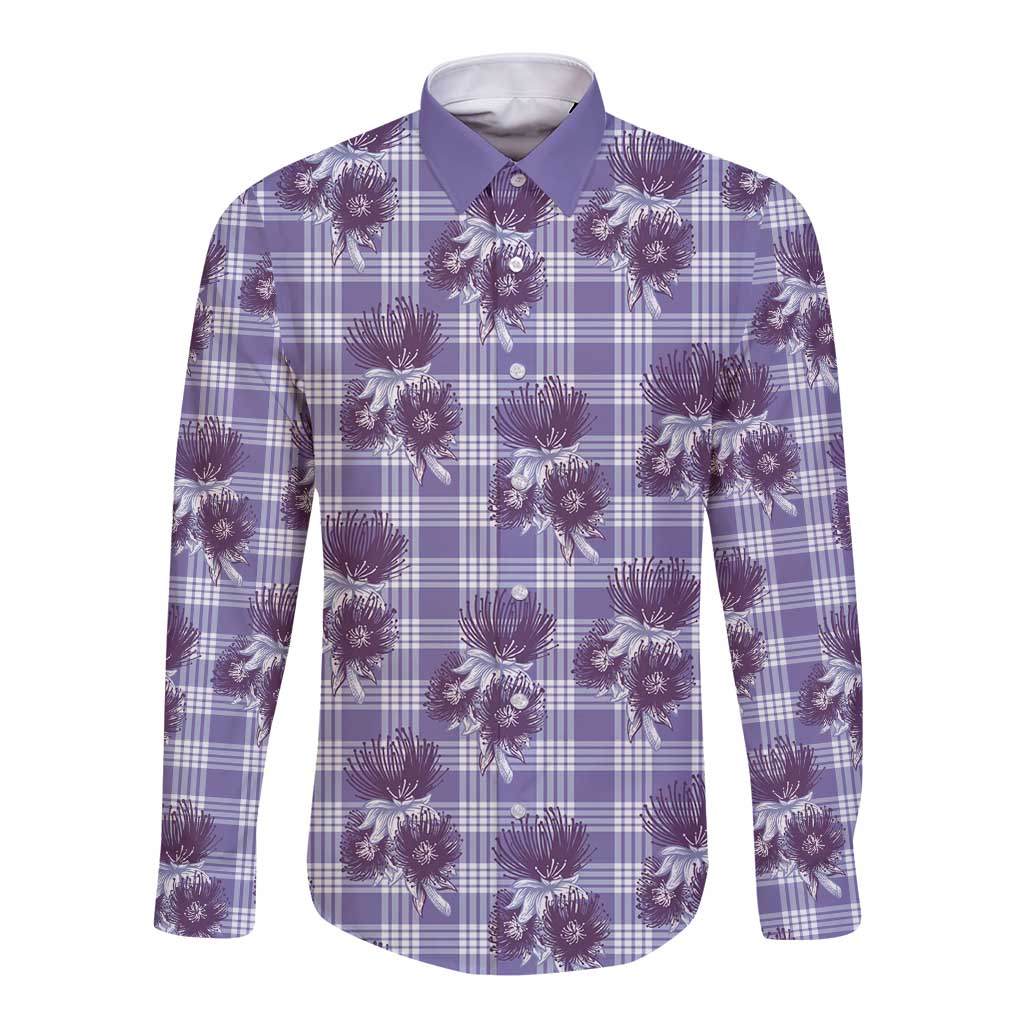 Purple Palaka Hawaii Long Sleeve Button Shirt Hawaiian Lehua Blossoms LT05 Unisex Purple - Polynesian Pride