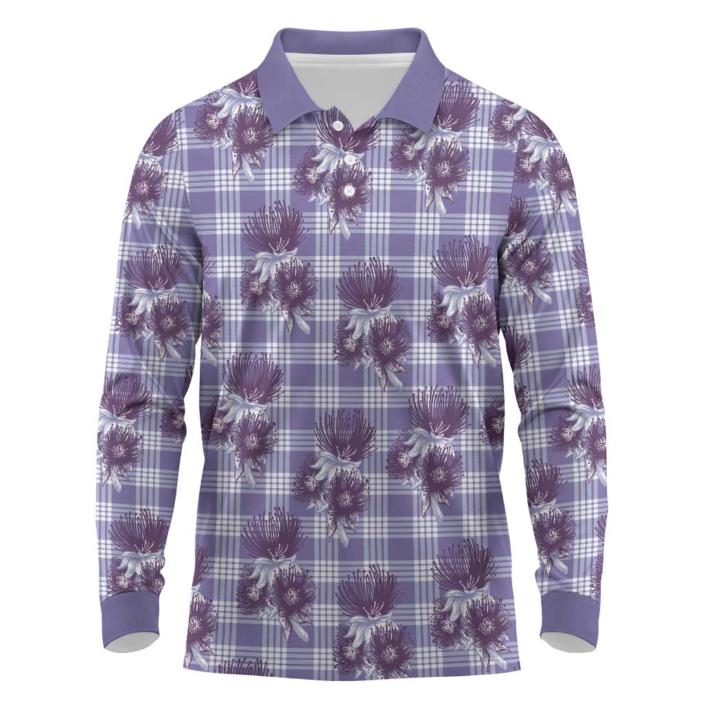 Purple Palaka Hawaii Long Sleeve Polo Shirt Hawaiian Lehua Blossoms