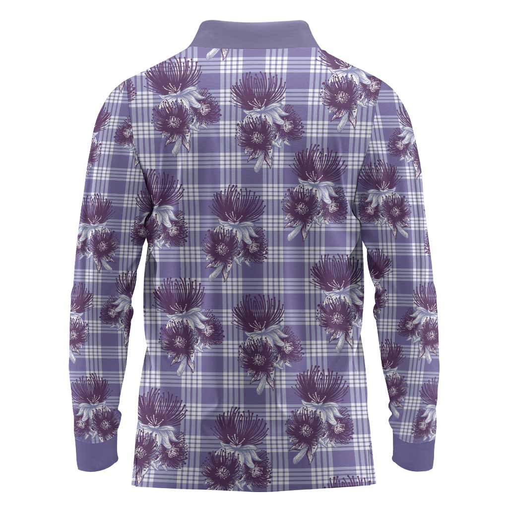 Purple Palaka Hawaii Long Sleeve Polo Shirt Hawaiian Lehua Blossoms