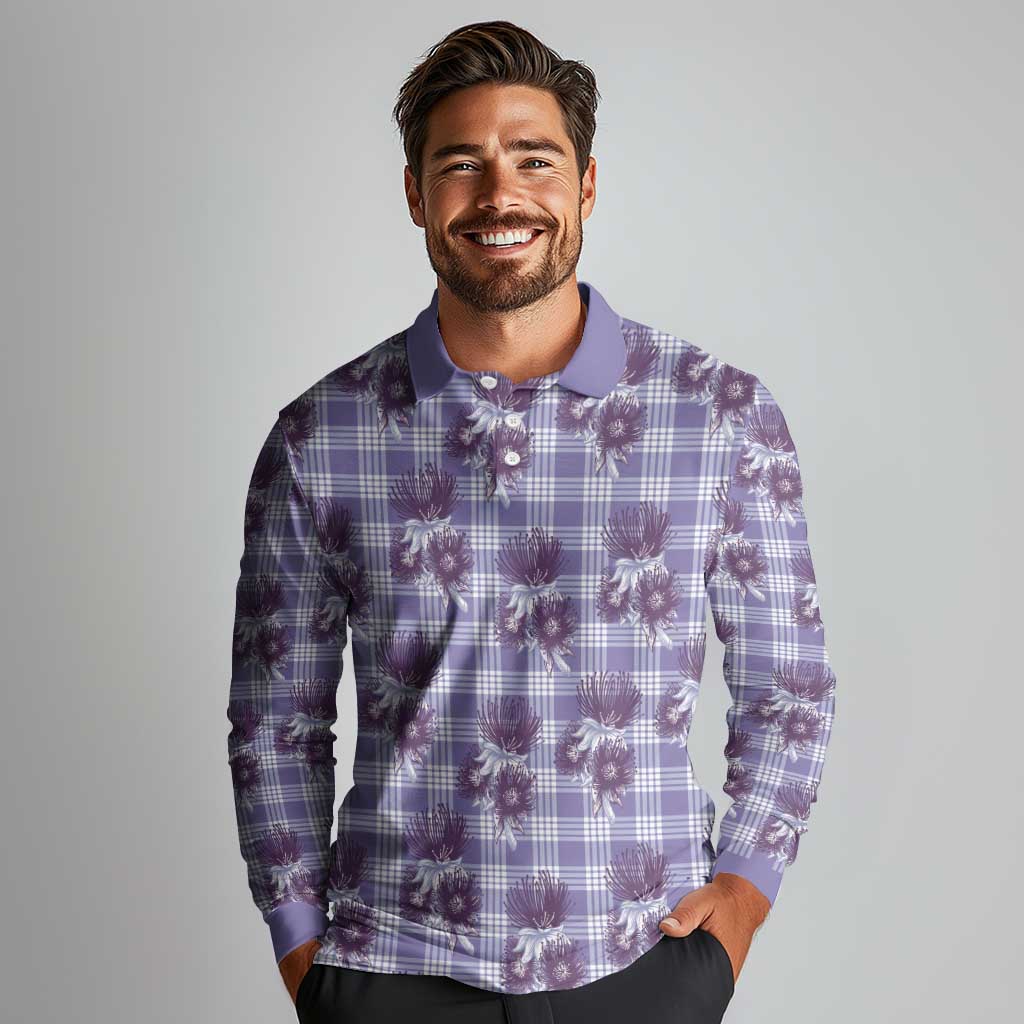 Purple Palaka Hawaii Long Sleeve Polo Shirt Hawaiian Lehua Blossoms